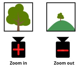 figures of two cameras zooming in and out of filming a tree